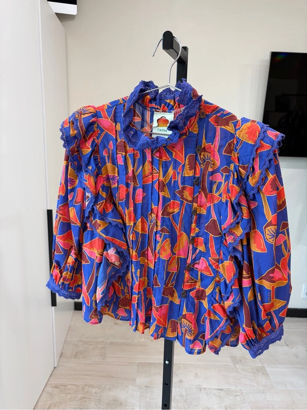 Farm Rio: MUSHROOM SKETCH BRIGHT BLUE BLOUSE